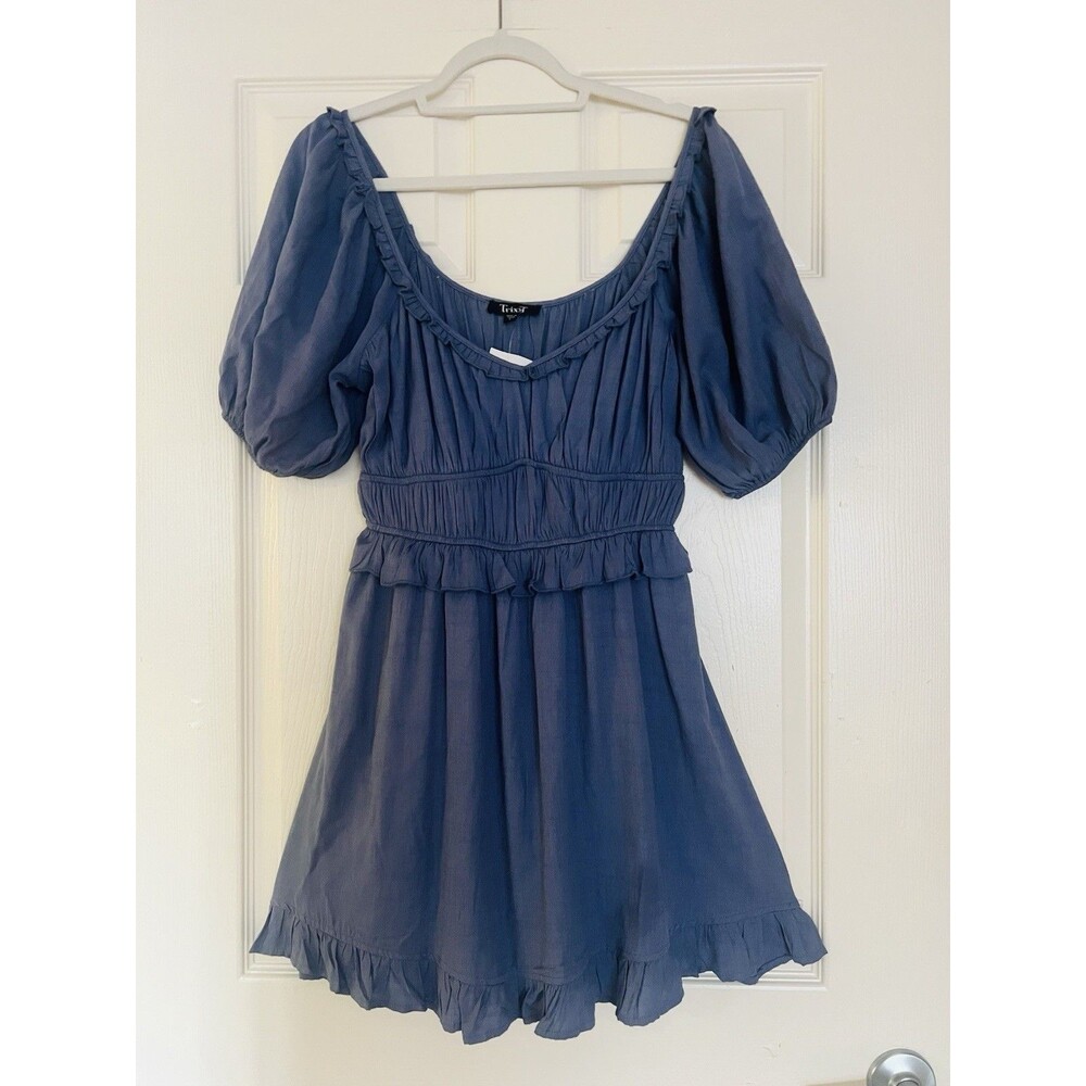 TRIXXI Blue Chambray Puff Sleeve Mini Dress Smocked Ruffle NWT Women’s L Coastal